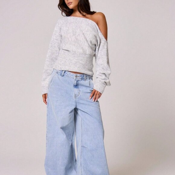 Grey Casual Women's Knit Asymmetrical Shoulder Cinched Waist Sweater Top - Picture 5 of 5